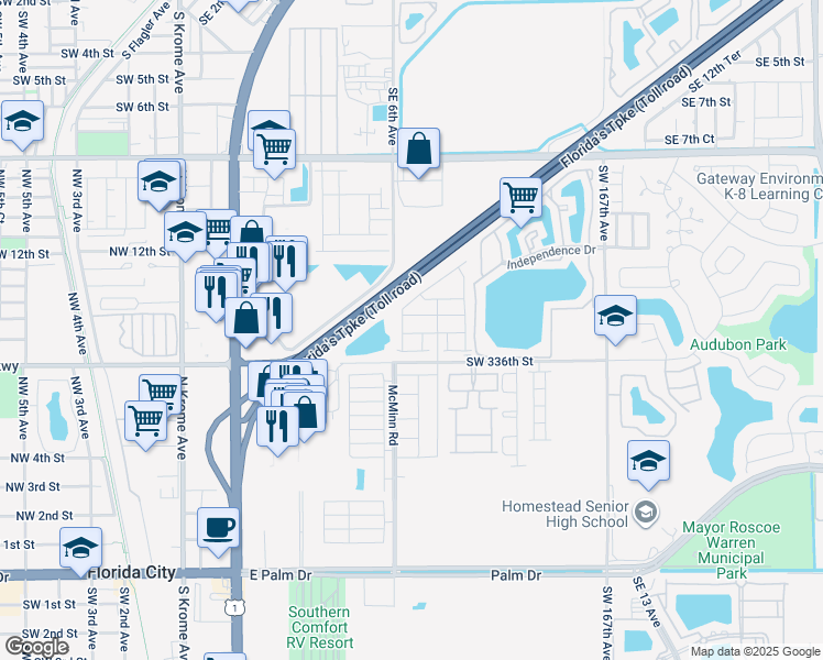 map of restaurants, bars, coffee shops, grocery stores, and more near Homestead Extension of Florida's Turnpike in Florida City