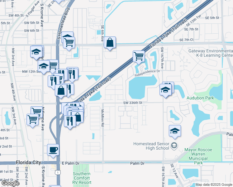 map of restaurants, bars, coffee shops, grocery stores, and more near 585 McMinn Road in Florida City