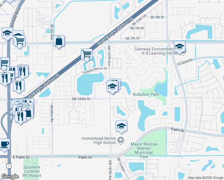 map of restaurants, bars, coffee shops, grocery stores, and more near 1212 Sandpiper Boulevard in Homestead