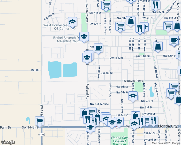 map of restaurants, bars, coffee shops, grocery stores, and more near 964 Northwest 8th Street in Florida City