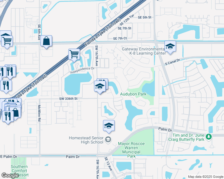 map of restaurants, bars, coffee shops, grocery stores, and more near 1439 Sandpiper Boulevard in Homestead