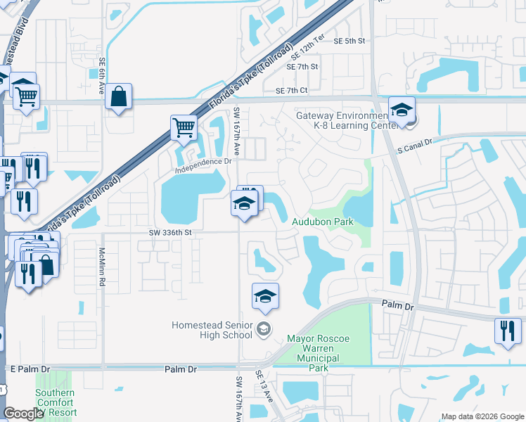 map of restaurants, bars, coffee shops, grocery stores, and more near 1439 Sandpiper Boulevard in Homestead