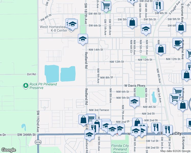 map of restaurants, bars, coffee shops, grocery stores, and more near 873 Northwest 9th Court in Florida City