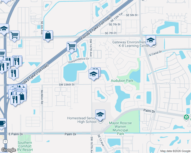 map of restaurants, bars, coffee shops, grocery stores, and more near 1252 Sandpiper Boulevard in Homestead