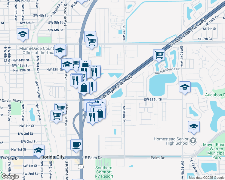 map of restaurants, bars, coffee shops, grocery stores, and more near Homestead Extension of Florida's Turnpike in Florida City