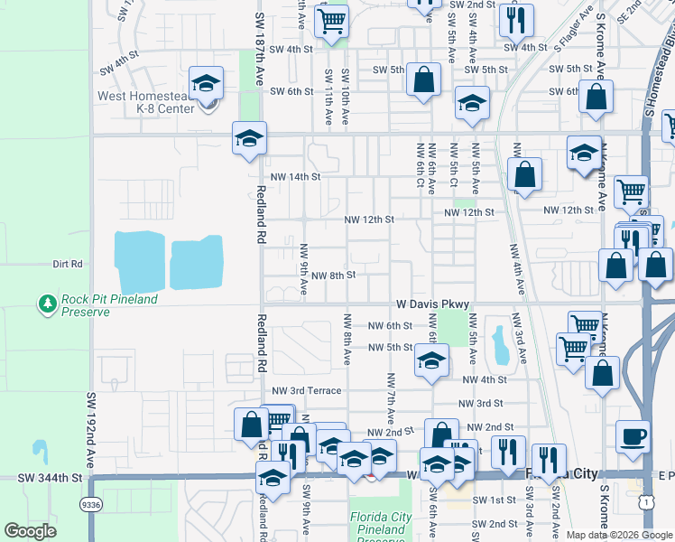 map of restaurants, bars, coffee shops, grocery stores, and more near in Florida City