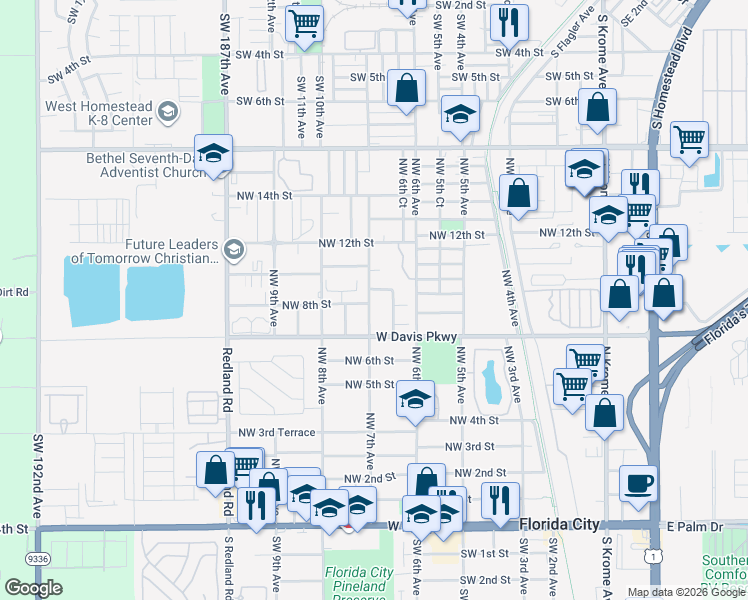 map of restaurants, bars, coffee shops, grocery stores, and more near 763 Northwest 7th Avenue in Florida City