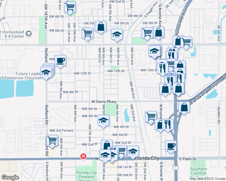 map of restaurants, bars, coffee shops, grocery stores, and more near 537 Northwest 8th Street in Florida City