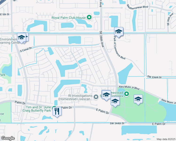 map of restaurants, bars, coffee shops, grocery stores, and more near 1420 Southeast 25th Street in Homestead