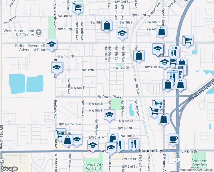 map of restaurants, bars, coffee shops, grocery stores, and more near 648 Northwest 8th Street in Florida City