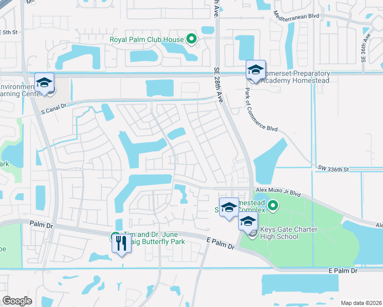 map of restaurants, bars, coffee shops, grocery stores, and more near 1420 Southeast 25th Street in Homestead