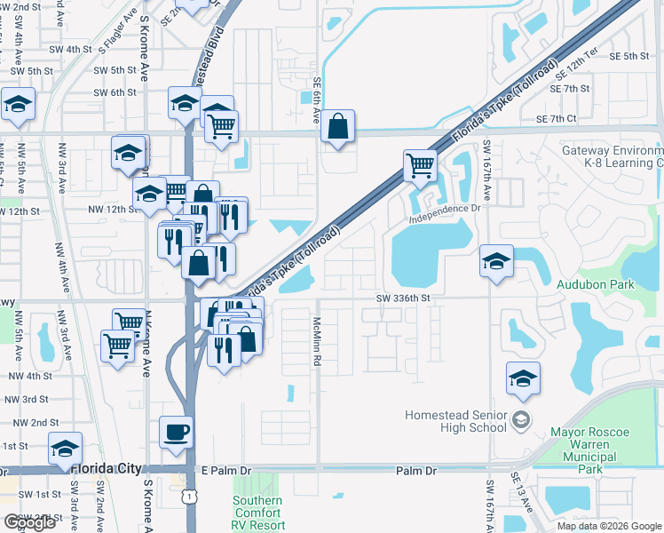 map of restaurants, bars, coffee shops, grocery stores, and more near Homestead Extension of Florida's Turnpike in Florida City