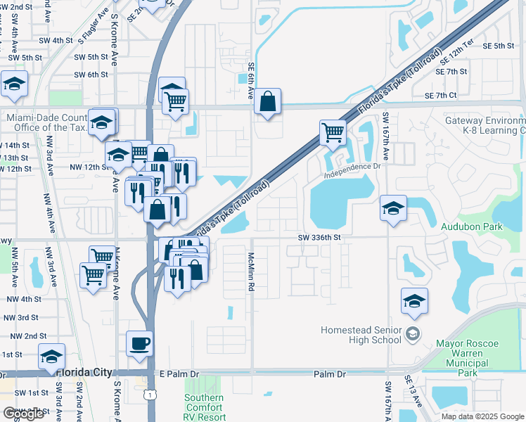 map of restaurants, bars, coffee shops, grocery stores, and more near Homestead Extension of Florida's Turnpike in Florida City