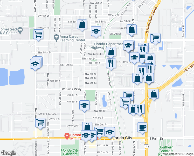 map of restaurants, bars, coffee shops, grocery stores, and more near 537 Northwest 8th Street in Florida City