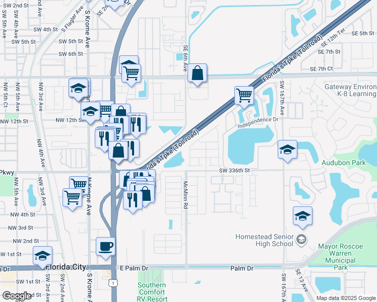 map of restaurants, bars, coffee shops, grocery stores, and more near Homestead Extension of Florida's Turnpike in Florida City