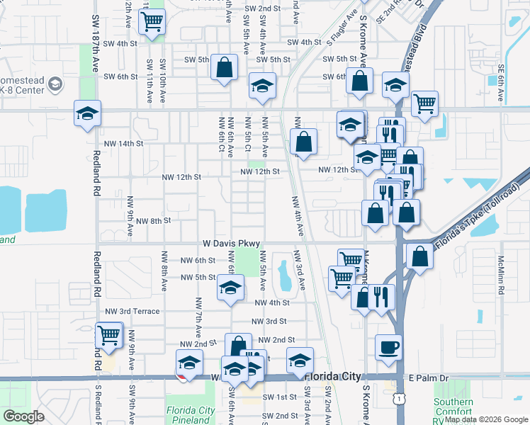 map of restaurants, bars, coffee shops, grocery stores, and more near 537 Northwest 8th Street in Florida City