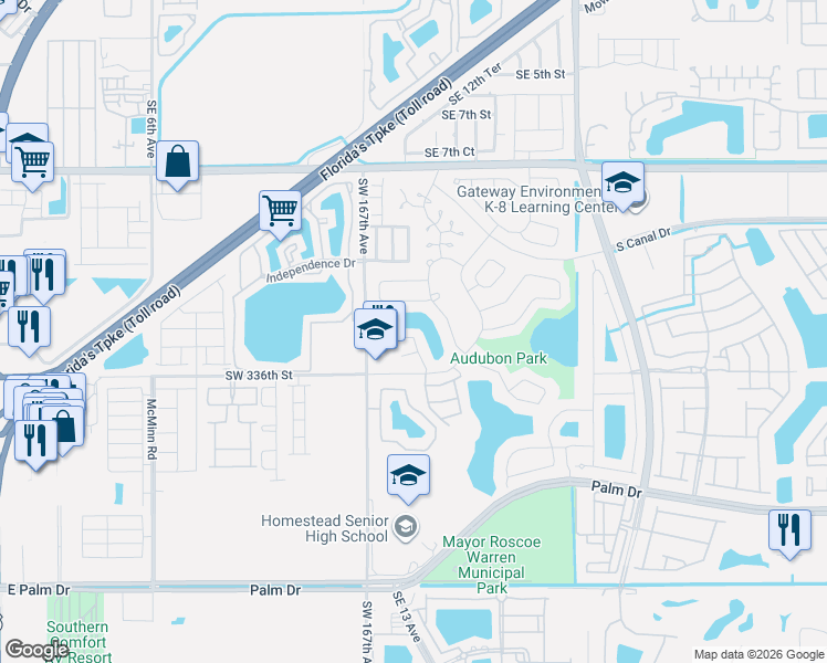 map of restaurants, bars, coffee shops, grocery stores, and more near 1439 Sandpiper Boulevard in Homestead