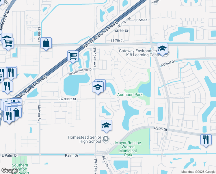 map of restaurants, bars, coffee shops, grocery stores, and more near 1439 Sandpiper Boulevard in Homestead