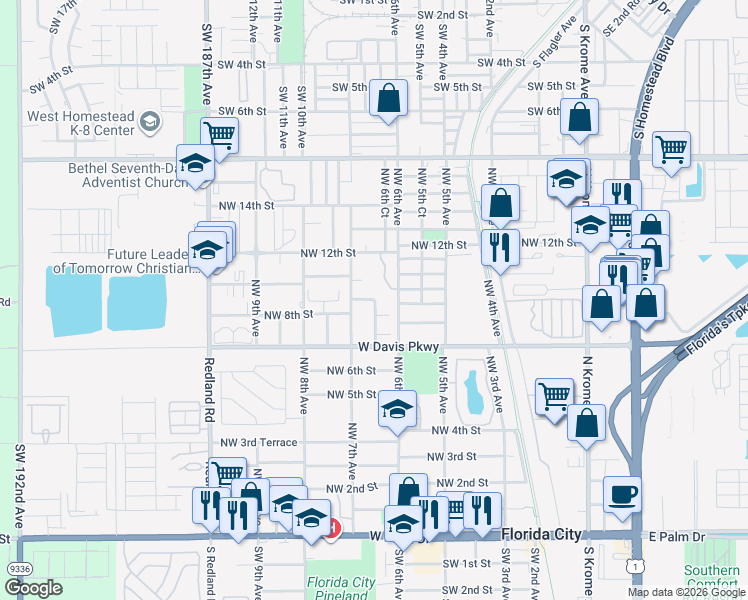 map of restaurants, bars, coffee shops, grocery stores, and more near 763 Northwest 7th Avenue in Florida City