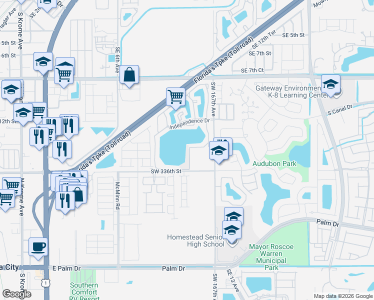 map of restaurants, bars, coffee shops, grocery stores, and more near 1400 Jefferson Drive in Homestead