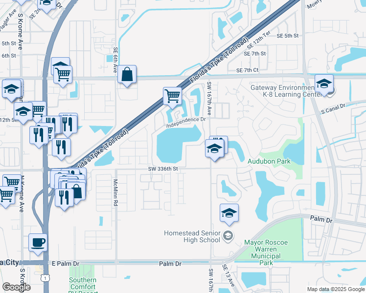 map of restaurants, bars, coffee shops, grocery stores, and more near 1400 Jefferson Drive in Homestead