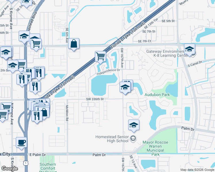 map of restaurants, bars, coffee shops, grocery stores, and more near 1400 Jefferson Drive in Homestead
