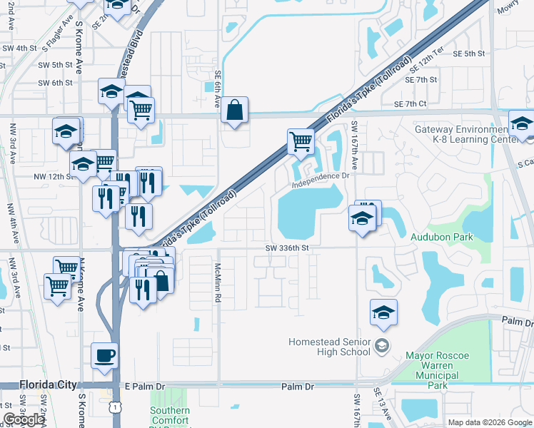 map of restaurants, bars, coffee shops, grocery stores, and more near 1453 South Liberty Avenue in Homestead