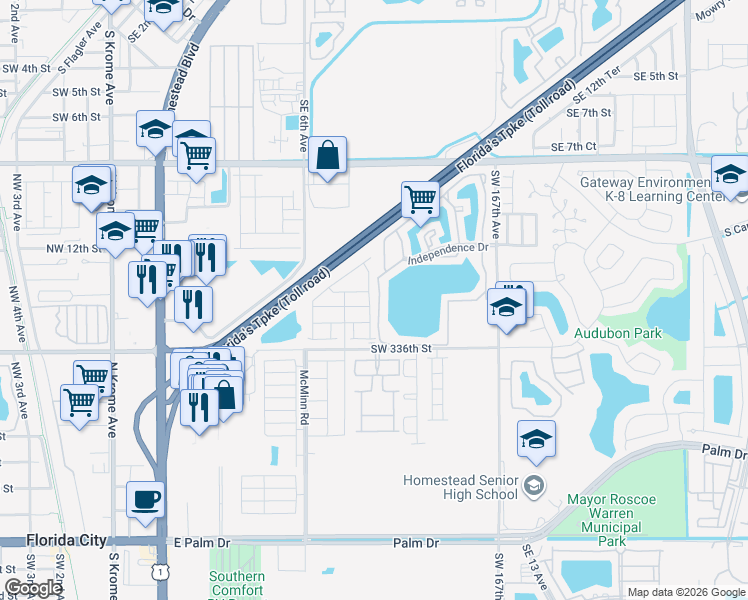 map of restaurants, bars, coffee shops, grocery stores, and more near 1453 South Liberty Avenue in Homestead