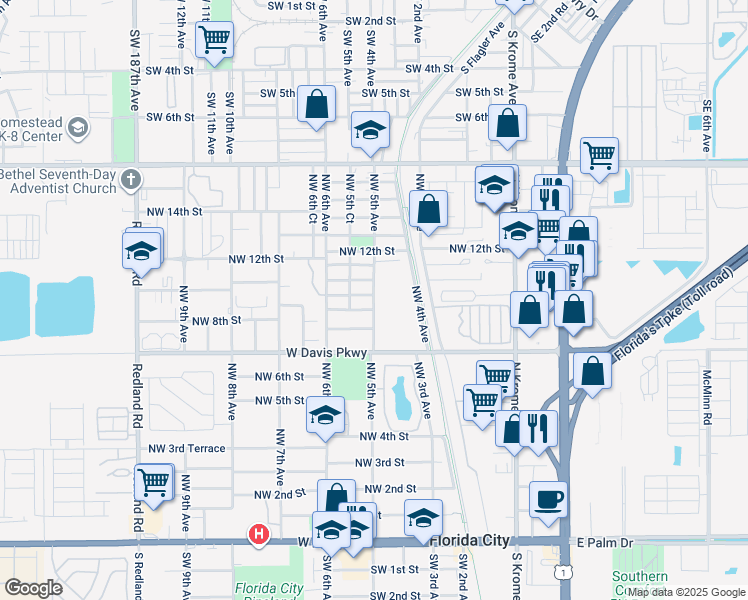 map of restaurants, bars, coffee shops, grocery stores, and more near 537 Northwest 8th Street in Florida City