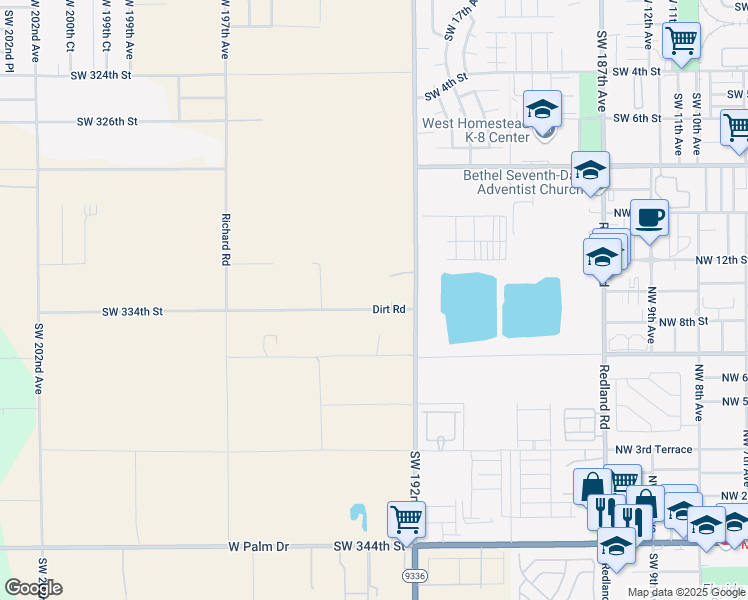 map of restaurants, bars, coffee shops, grocery stores, and more near 19295 Southwest 334th Street in Homestead