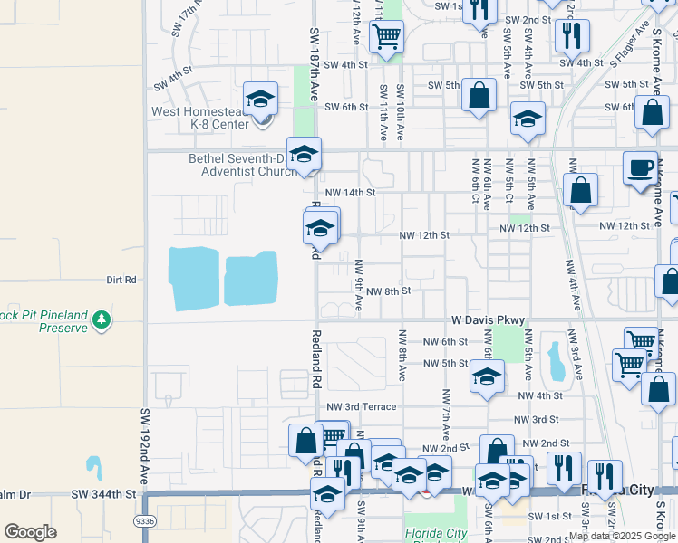 map of restaurants, bars, coffee shops, grocery stores, and more near 964 Northwest 8th Street in Florida City