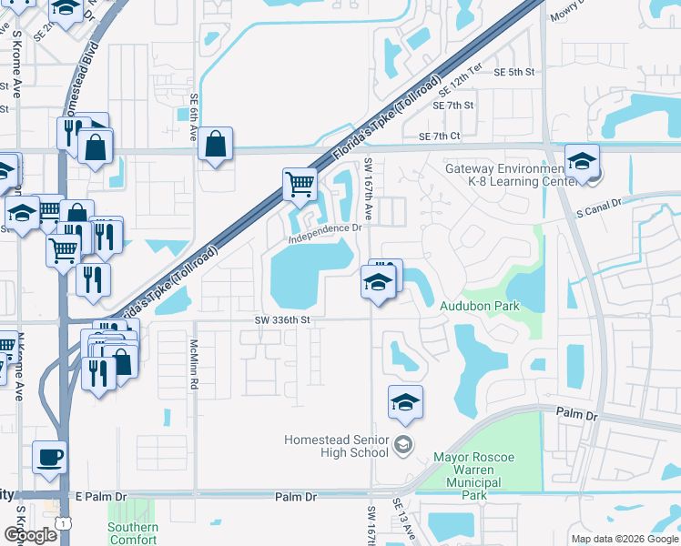 map of restaurants, bars, coffee shops, grocery stores, and more near 1280 South Franklin Avenue in Homestead