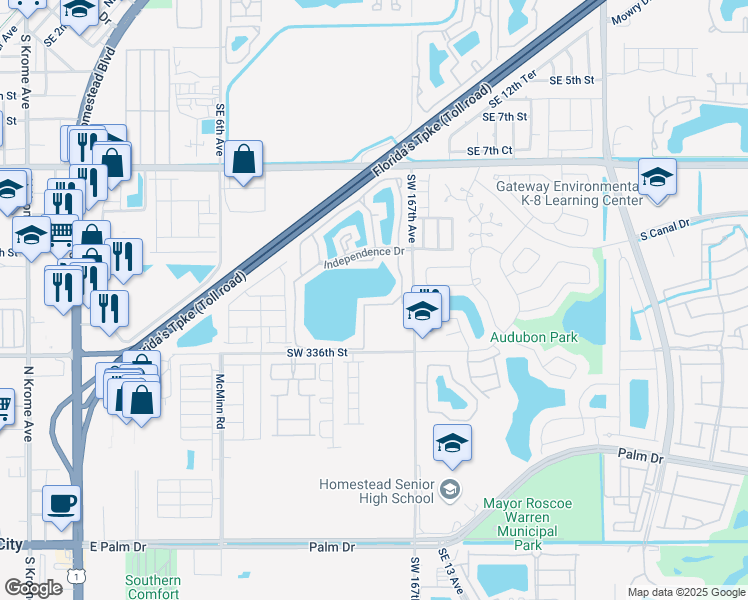 map of restaurants, bars, coffee shops, grocery stores, and more near 1041 Jefferson Drive in Homestead