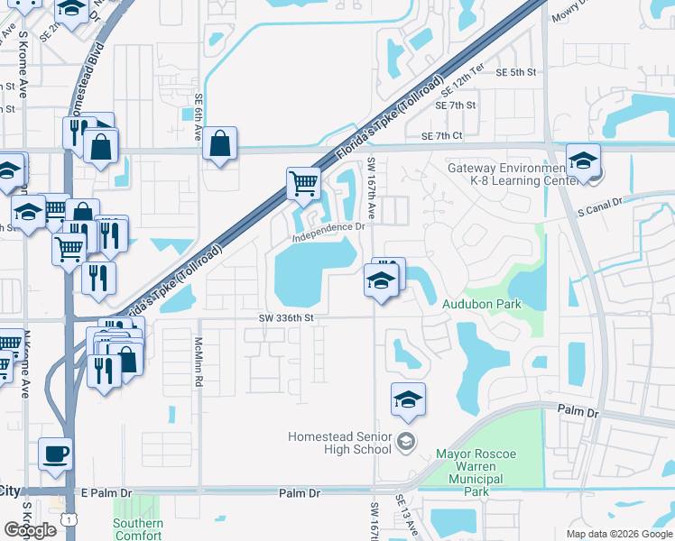 map of restaurants, bars, coffee shops, grocery stores, and more near 1051 Jefferson Drive in Homestead