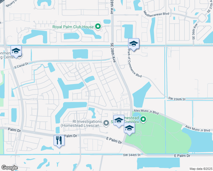 map of restaurants, bars, coffee shops, grocery stores, and more near 2621 Southeast 13th Street in Homestead