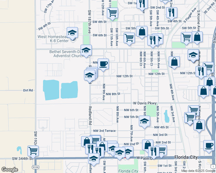map of restaurants, bars, coffee shops, grocery stores, and more near 849 Northwest 10th Street in Florida City