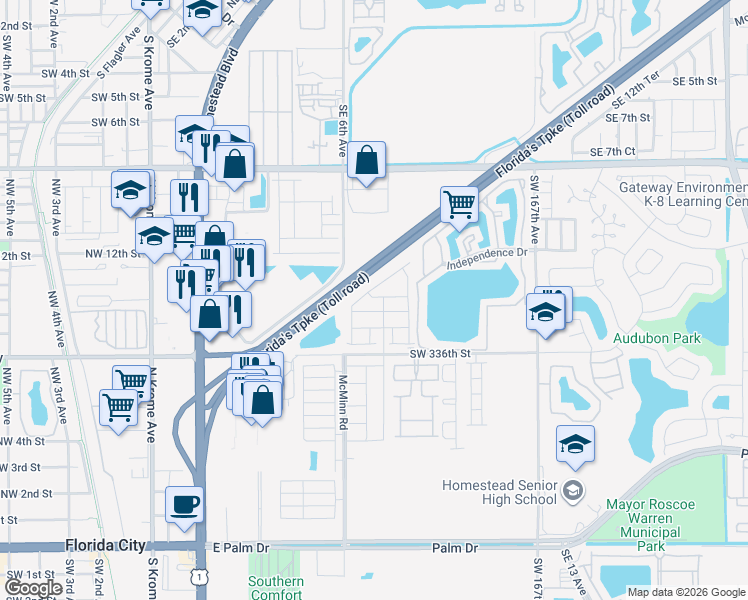 map of restaurants, bars, coffee shops, grocery stores, and more near 12 Southeast 6th Avenue in Homestead