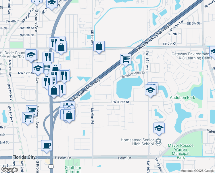 map of restaurants, bars, coffee shops, grocery stores, and more near 1303 South Liberty Avenue in Homestead