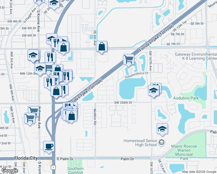 map of restaurants, bars, coffee shops, grocery stores, and more near 12 Southeast 6th Avenue in Homestead