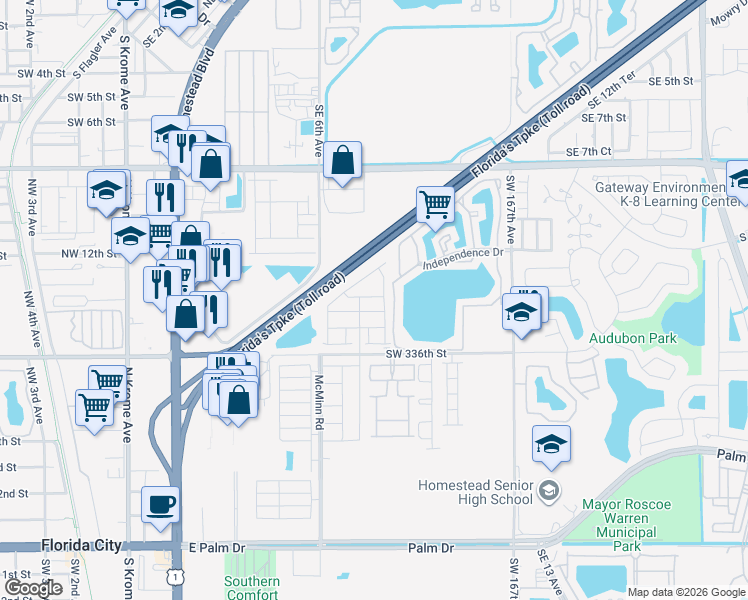 map of restaurants, bars, coffee shops, grocery stores, and more near 1303 South Liberty Avenue in Homestead