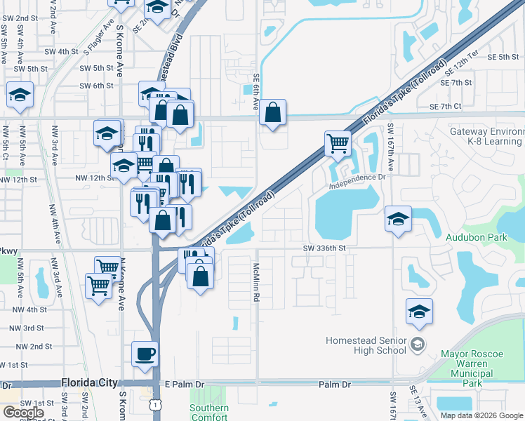 map of restaurants, bars, coffee shops, grocery stores, and more near 12 Southeast 6th Avenue in Homestead