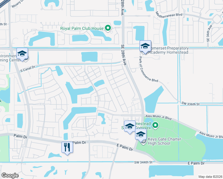 map of restaurants, bars, coffee shops, grocery stores, and more near 2621 Southeast 13th Street in Homestead