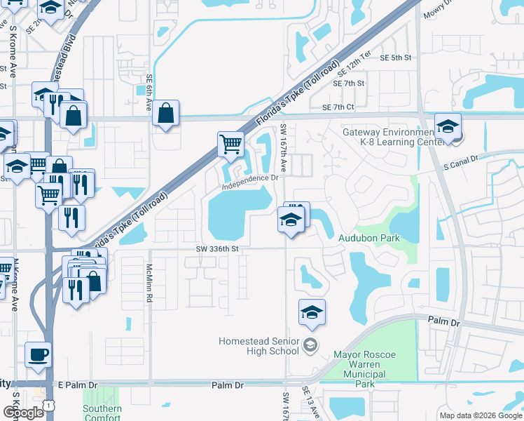 map of restaurants, bars, coffee shops, grocery stores, and more near 1280 South Franklin Avenue in Homestead