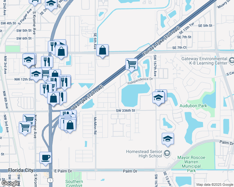 map of restaurants, bars, coffee shops, grocery stores, and more near 1339 Southeast 7th Terrace in Homestead