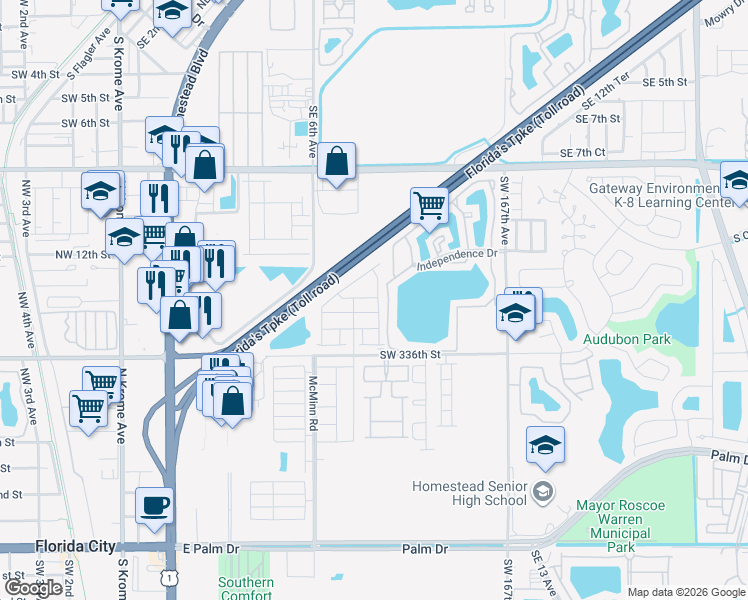 map of restaurants, bars, coffee shops, grocery stores, and more near 1303 South Liberty Avenue in Homestead