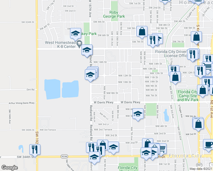 map of restaurants, bars, coffee shops, grocery stores, and more near 1050 Northwest 9th Avenue in Homestead