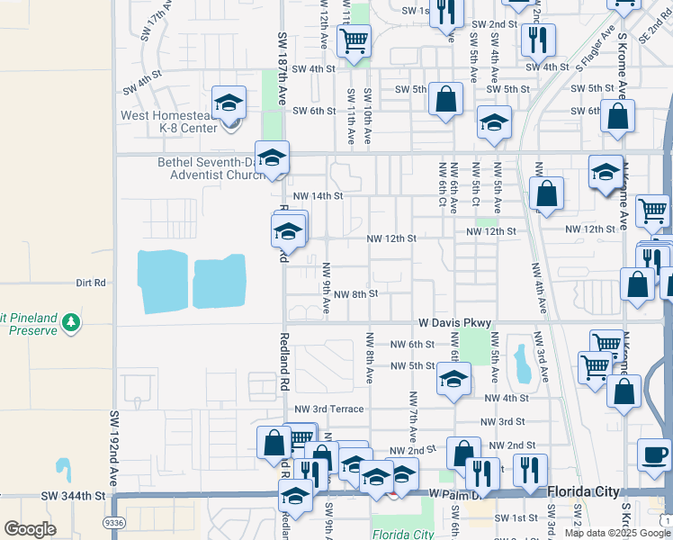 map of restaurants, bars, coffee shops, grocery stores, and more near 863 Northwest 10th Street in Florida City