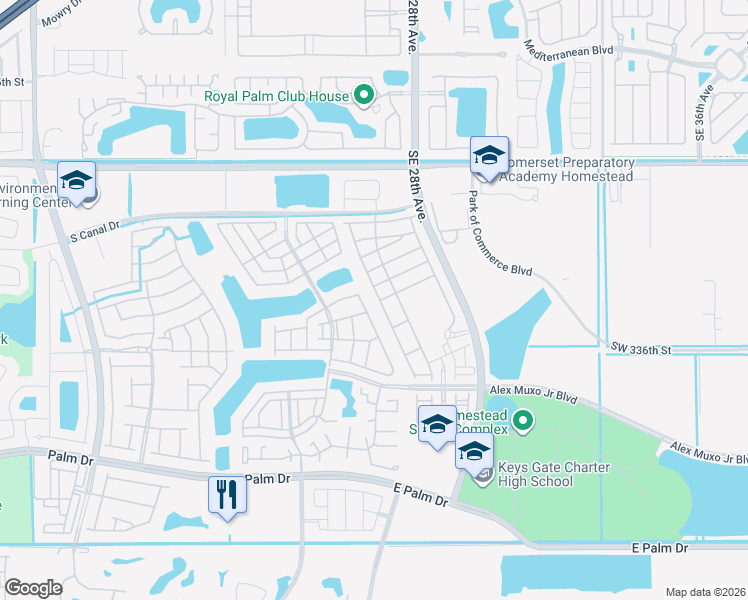 map of restaurants, bars, coffee shops, grocery stores, and more near 2621 Southeast 13th Street in Homestead