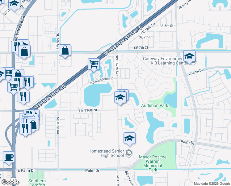 map of restaurants, bars, coffee shops, grocery stores, and more near 1280 South Franklin Avenue in Homestead