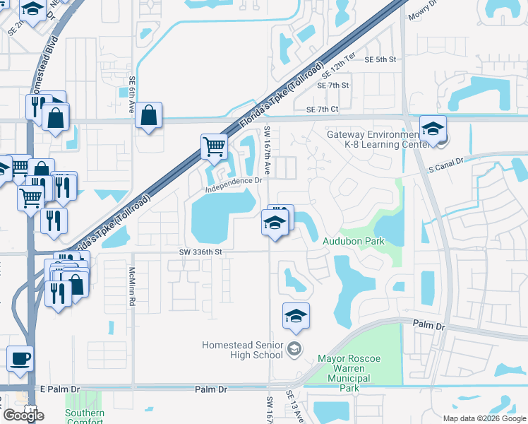 map of restaurants, bars, coffee shops, grocery stores, and more near 1280 South Franklin Avenue in Homestead